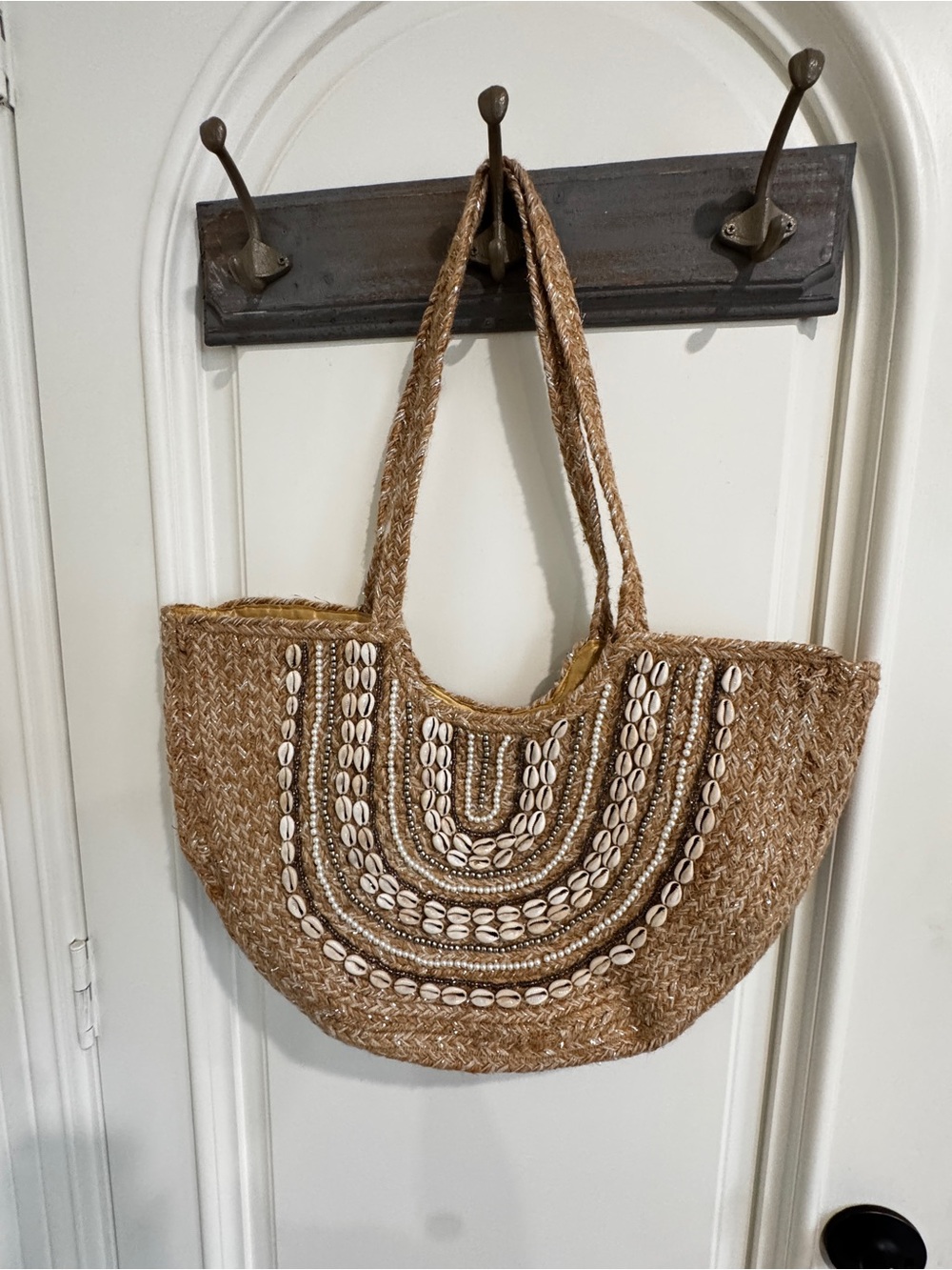 Beaded Shell Straw Tote Bag in Natural Brown
